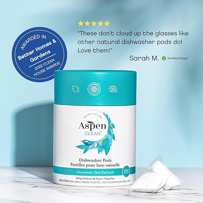 Unscented Dishwasher Pods by AspenClean, Dye-Free, Zero Plastic, EWG Verified™, Vegan, Eco-Friendly, Natural Dishwasher Detergent - 28 Count