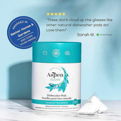 Unscented Dishwasher Pods by AspenClean, Dye-Free, Zero Plastic, EWG Verified™, Vegan, Eco-Friendly, Natural Dishwasher Detergent - 28 Count