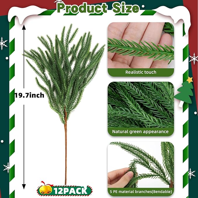 12 Pcs Artificial Pine Branches - 19 Inch Real Touch Norfolk Pine Stems - Faux Christmas Greenery Stems for Vase Centerpiece Home Indoor Outdoor Xmas Decorations