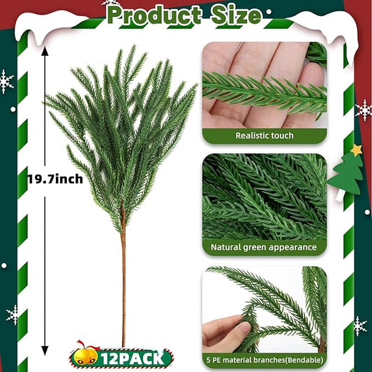 12 Pcs Artificial Pine Branches - 19 Inch Real Touch Norfolk Pine Stems - Faux Christmas Greenery Stems for Vase Centerpiece Home Indoor Outdoor Xmas Decorations