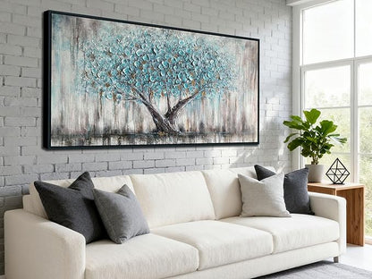 Arjun Framed Blue Tree Canvas Wall Art for Living Room Tree of Life Abstract Bedroom Textured Painting, Nature Picture Panoramic Landscape Artwork Home Office Decor, Black Wood Large 48"x24"