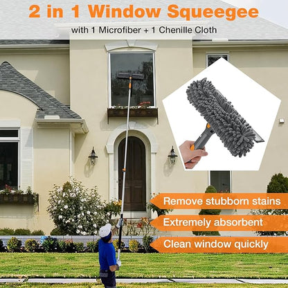 12Ft Window Squeegee with Extension Poles, 2-in-1 Window Cleaning Kit with Telescopic Pole, Extra-Large 14" Window Squeegee, Window Cleaner Tool with Adjustable Head, for High Window, Glass, RV