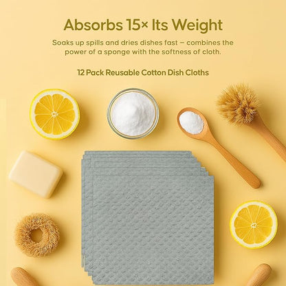 Swedish Dishcloths 12 Pack – Reusable Paper Towels, Cellulose Sponge Cloths, Washable & Super Absorbent Kitchen Dish Cloths, Biodegradable Compostable Paper Towel Alternative – Organic Origin