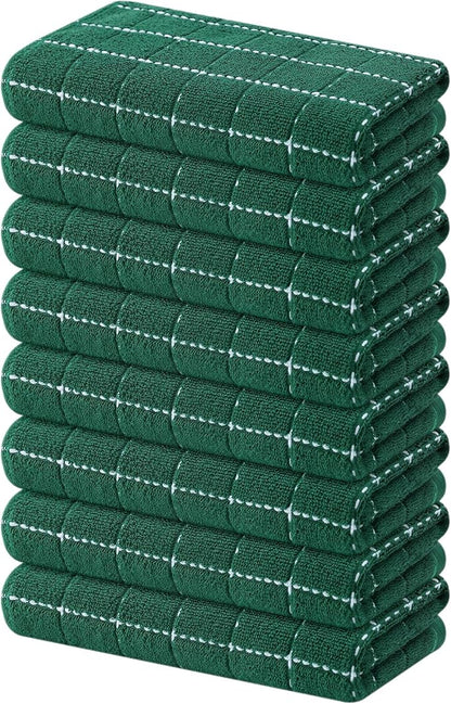 Mordimy 100% Cotton Terry Cloth Kitchen Towels, Super Soft and Absorbent Dish Towels for Drying, Checkered Designed Hand Towels for Kitchen, 16 x 26 Inches, 8 Pack, Dark Green