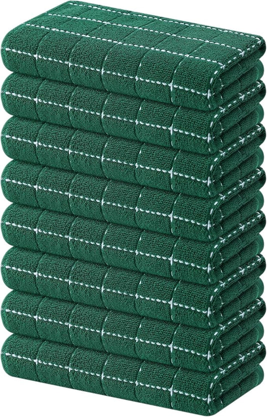 Mordimy 100% Cotton Terry Cloth Kitchen Towels, Super Soft and Absorbent Dish Towels for Drying, Checkered Designed Hand Towels for Kitchen, 16 x 26 Inches, 8 Pack, Dark Green