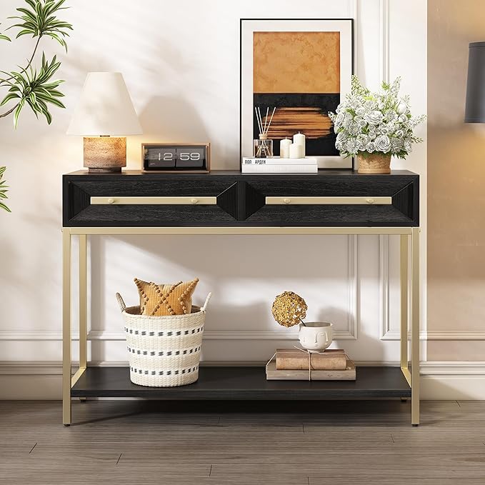 Zateety 52'' Modern Entryway Table, Painted Console Table with 2 Drawers and Bottom Shelf, Hallway Table with Striking Geometric Design for Entryway and Living Room