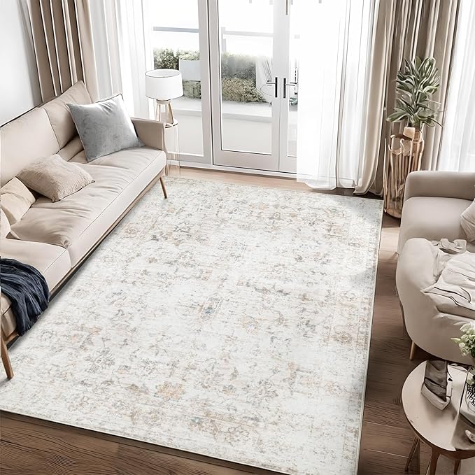 Washable 4×6 Area Rug for Living Room, Vintage Floral Rug Soft Non Slip Stain Resistant Boho Carpet for Indoor Bedroom Dinning Room Home Office Beige