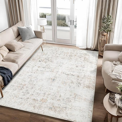 Washable 3×5 Area Rug for Living Room, Vintage Floral Rug Soft Non Slip Stain Resistant Boho Carpet for Bedroom Dinning Room Home Office Beige