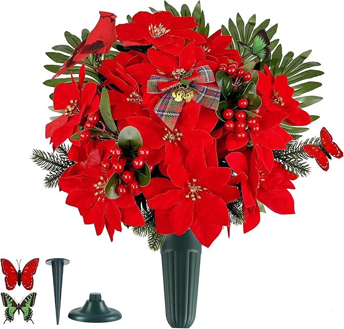 Christmas Cemetery Flowers for Grave Decoration， Christmas Red Poinsettias Berry Bouquet with Cemetery Ground Vase,2 Butterflies Including