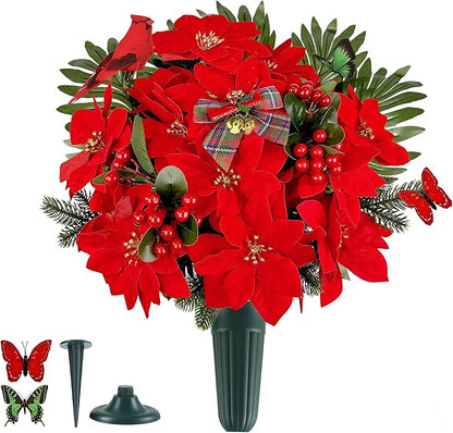 Christmas Cemetery Flowers for Grave Decoration， Christmas Red Poinsettias Berry Bouquet with Cemetery Ground Vase,2 Butterflies Including