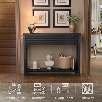 BREEZEHEAT 40" Fluted Console Table with 2 Drawers, Modern Wood 2 Tier Entryway Table with Storage Shelf, Narrow Sofa Table Behind Couch Accent Table for Entrance Foyer, Hallway, Living Room, Black