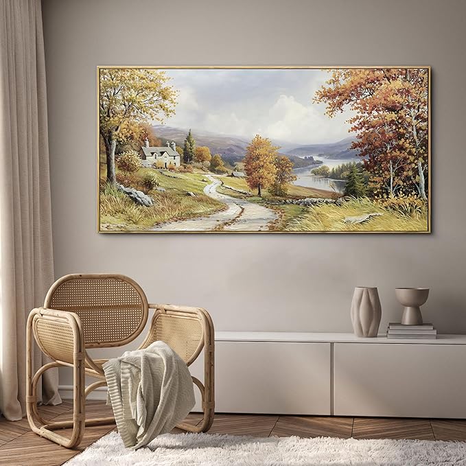 KLAKLA Landscape wall art - Autumn Rustic Field Burnt Orange Tree Landscape PictureC anvas Frame Artwork Farm Log Cabin Farm Wall Decor for Living Room Bedroom Office - 58x29 Inches