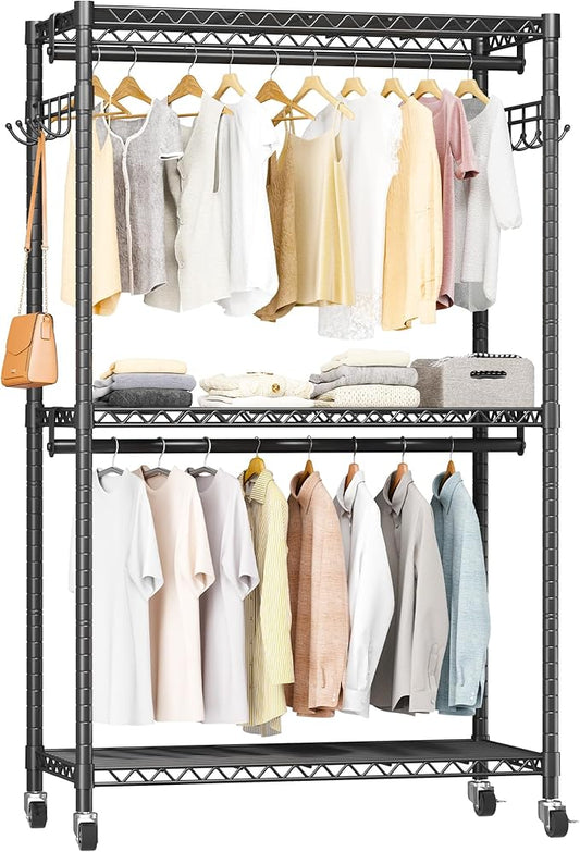 Homeiju Heavy Duty Rolling Garment Rack with Adjustable Wire Shelving, 3 Tiers Clothes Rack with Double Rods and Side Hooks, Freestanding Wardrobe Storage Rack Metal Clothing Rack, Black