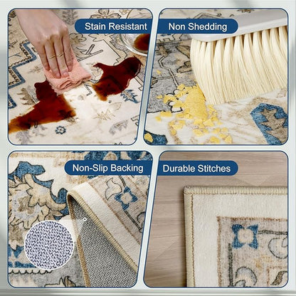 Area Rugs 5x7 - Machine Washable Vintage Oriental Soft Rug, Low Pile Thin Floor Carpet with Non Slip Backing for Living Room, Bedroom,Dorm, Kitchen, Indoor House, Office Rolling Chair