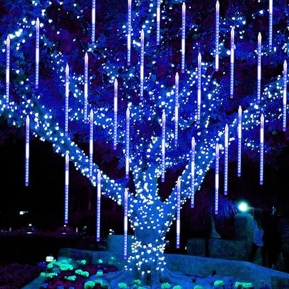2 Pack Christmas Decorations Lights Outdoor, Extendable Meteor Shower Lights with Timer, Total 384LED 30cm 16 Tubes Indoor Outdoor Rain Light Cascading String Light for Xmas Garden Party Decor (Blue)