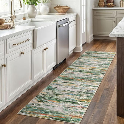 2x6 Modern Abstract Runner Rug for Hallway, Green Teal Orange Multi Super Soft Hallway Decor Kitchen Rugs with Non-Slip, Non-Shedding Washable Rug for Entryway Bedroom Laundry Indoor