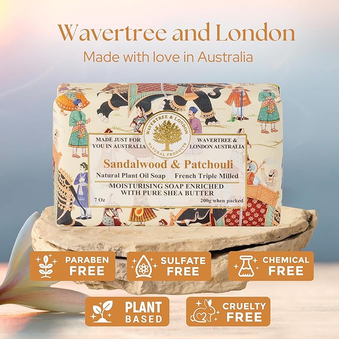 Wavertree & London Sandalwood Patchouli Scented Natural Soap Bar, 7oz Moisturizing French Triple Milled Soap Bar for Women & Men Enriched with Organic Shea Butter, Pure Bath & Body Soap (1 Bar)