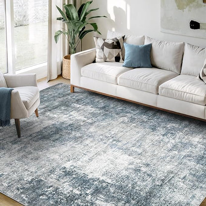 Modern Abstract Washable Area Rug - 5x7 Large Living Room Rugs Soft Stain Resistant Non-Slip Low Pile Foldable Neutral Carpet for Indoor Bedroom Dining Room Home Studio Office - Blue/Grey