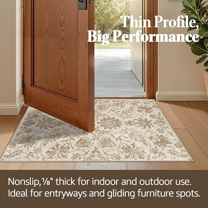 jinchan Classic Floral Round Rug 6ft, Vintage-Inspired Neutral Design 6’Circle Rug, Machine Washable Ultra-Thin Low-Pile Non-Slip Indoor Carpet for Bedroom Dining Room Living Room Entryway, Taupe
