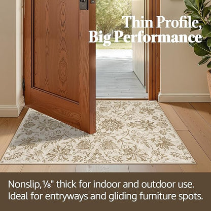 jinchan Floral 8x10 Area Rugs, Vintage-Inspired Neutral Design Accent Living Room Rug, Machine Washable Ultra-Thin Low-Pile Non-Slip Traditional Carpet for Bedroom Dining Room Home Office, Taupe
