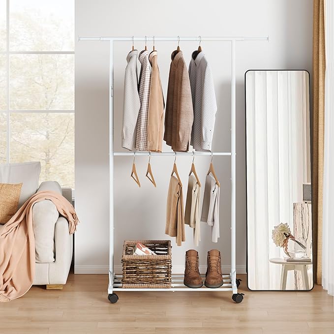 FAVOOSTY Clothing racks for hanging clothes with wheels, Adjustable Dismantle Double Rod, Heavy Duty Clothes Organizer Hanging, Pants Scarves Dress Suits, Multi-functional, Bedroom Studio White