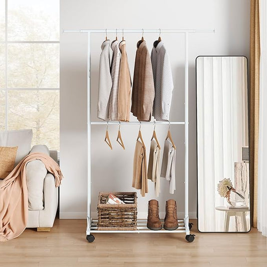 FAVOOSTY Clothing racks for hanging clothes with wheels, Adjustable Dismantle Double Rod, Heavy Duty Clothes Organizer Hanging, Pants Scarves Dress Suits, Multi-functional, Bedroom Studio White