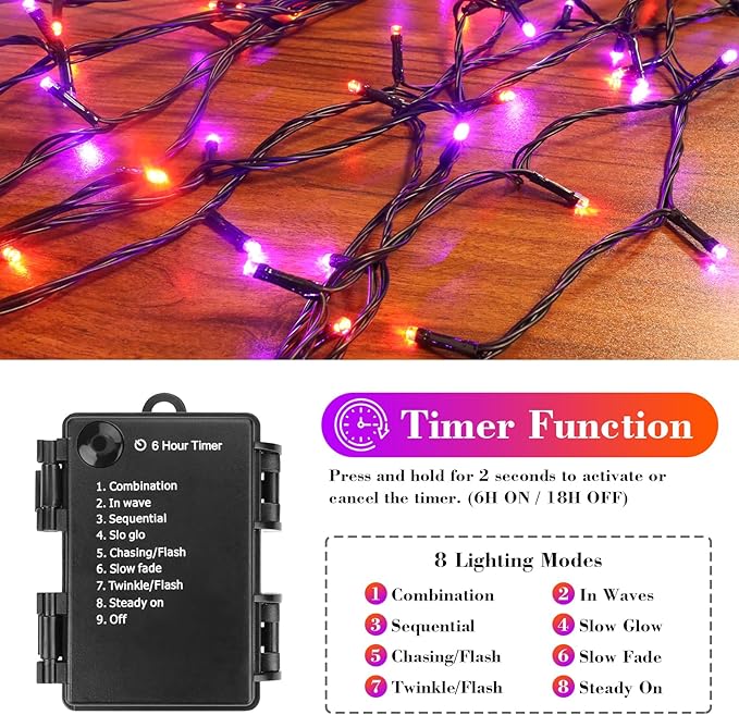 Purple&Orange Halloween Lights, 33FT 100 LED Outdoor String Light with Timer & 8 Modes, 3AA Battery Operated Waterproof String Light for Outdoor and Indoor Halloween Decor