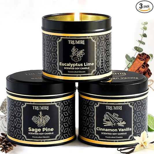 Candle Gift Set Of 3 Sage Pine|Cinnamon Vanilla|Eucalyptus Lime Highly Scented Soy Candels Clean Non Toxic Velas Aromáticas Favors For Women Coworkers Friends Guests Also For Diwali Christmas Holidays