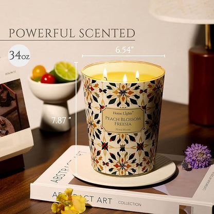 HomeLights Scented Candles | Large Jar 34 Oz Natural Soy Candle | 130 hrs Long-Lasting with 3 Wicks | Bohemian Natural for Home Decor | Gifts for Mom & Women, Peach Blossom Freesia