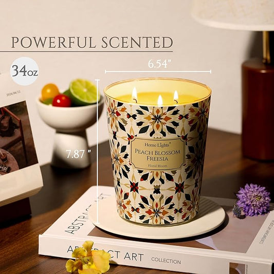HomeLights Scented Candles | Large Jar 34 Oz Natural Soy Candle | 130 hrs Long-Lasting with 3 Wicks | Bohemian Natural for Home Decor | Gifts for Mom & Women, Peach Blossom Freesia