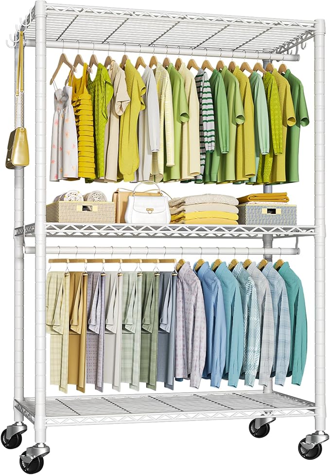 P3 Plus Rolling Clothes Rack, Clothing Racks for Hanging Clothes, Heavy Duty Garment Rack with Wheels, Freestanding Portable Closet Rack 45" W x 14" D x 78.5" H, Max Load 480 LBS, White