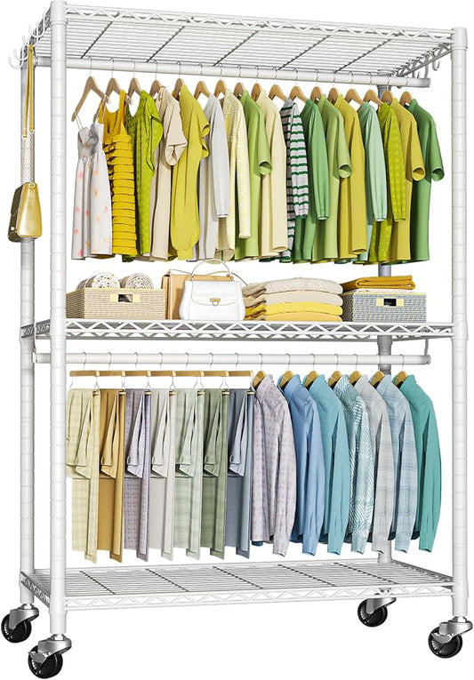 P3 Plus Rolling Clothes Rack, Clothing Racks for Hanging Clothes, Heavy Duty Garment Rack with Wheels, Freestanding Portable Closet Rack 45" W x 14" D x 78.5" H, Max Load 480 LBS, White
