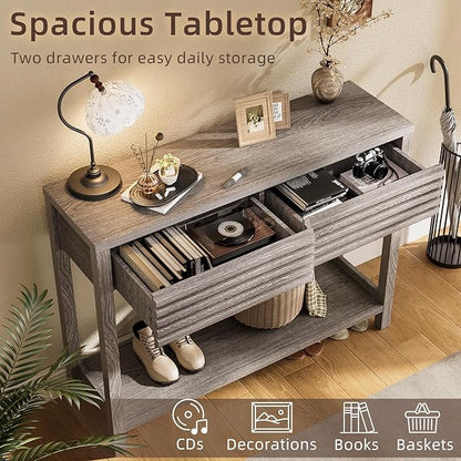 BREEZEHEAT 40" Fluted Console Table with 2 Drawers, Modern Wood 2 Tier Entryway Table with Storage Shelf, Narrow Sofa Table Behind Couch Accent Table for Entrance Foyer, Hallway, Living Room, Gray