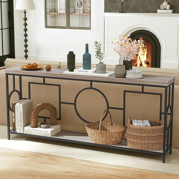 GOFLAME 71” Extra Long Console Table, 2-Tier Faux Wood Entryway Table with Storage Shelf, Geometric Metal Frame, Industrial Accent Table, Narrow Sofa Table for Living Room, Hallway