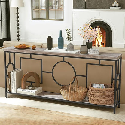 GOFLAME 71” Extra Long Console Table, 2-Tier Faux Wood Entryway Table with Storage Shelf, Geometric Metal Frame, Industrial Accent Table, Narrow Sofa Table for Living Room, Hallway