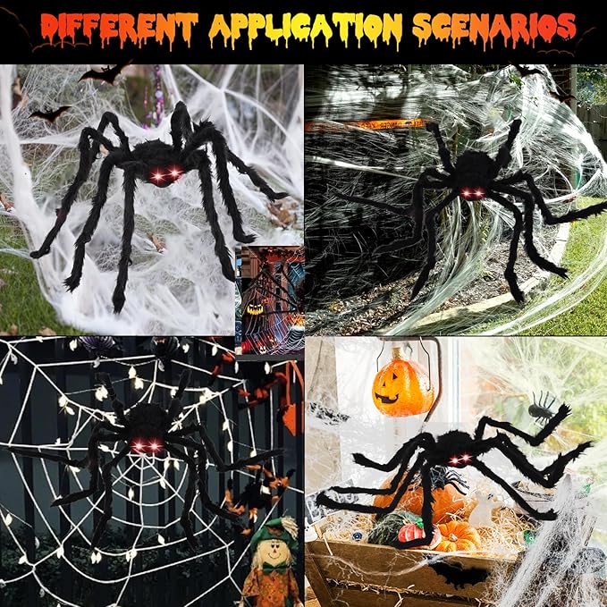 Spider Webs Halloween Decorations,16.4Ft 8Modes Super Bright 250LED Halloween Lights with Remote Control,49'' Giant Glowing Super-Realistic Spider,Halloween Decorations for Yard,Outside