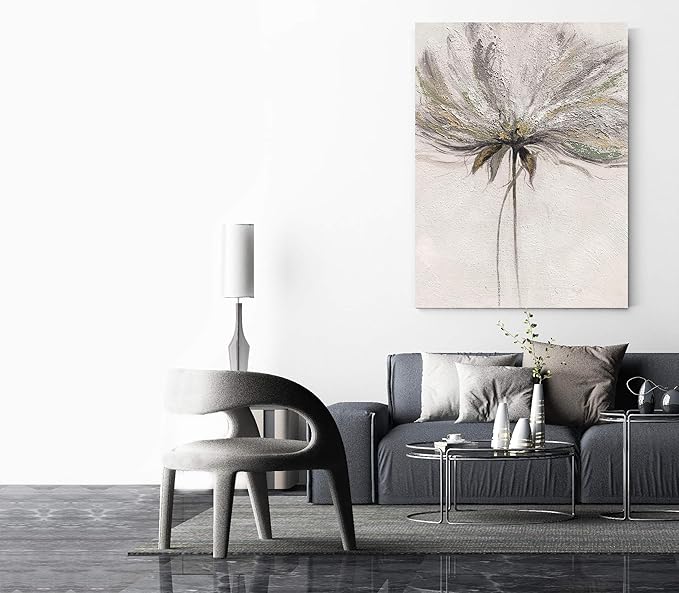 Yihui Arts Hand Painted Abstract Floral Wall Art Pictures Grey White Gold Foil Painting Sand Artwork For Living Room Decoration
