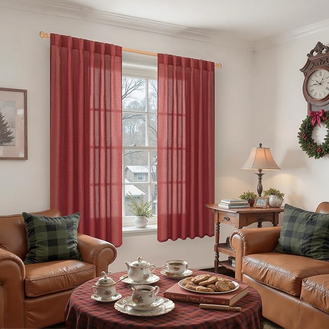YoungsTex Burgundy Red Linen Curtains 63 Inch Length 2 Panels for Living Room - Semi Sheer Window Drapes with Back Tab Rod Pocket Light Filtering for Christmas Decor Bedroom, 52 X 63 Inch