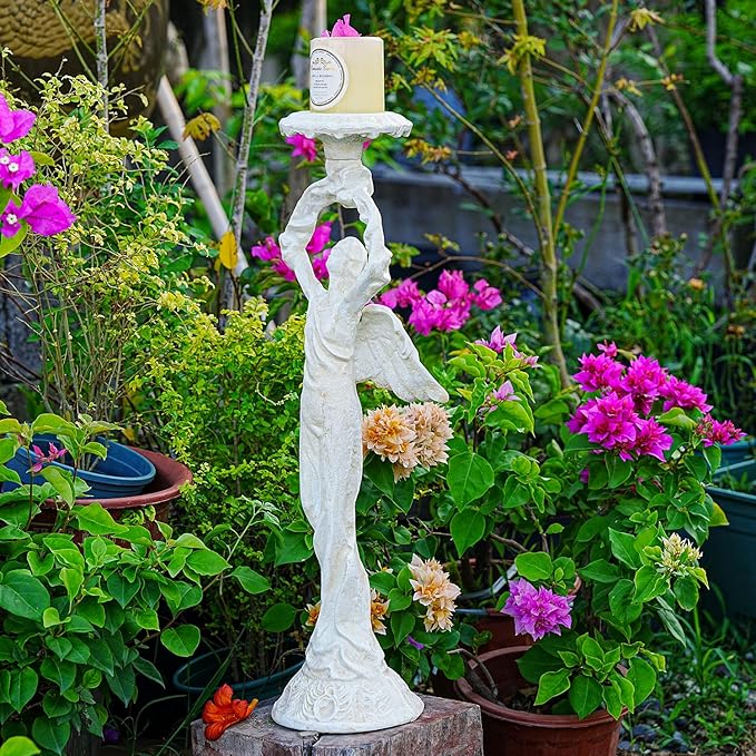 Sungmor Vintage Cast Iron Angel Candlestick Holder – 22.6” Antique Gothic Candle Stand for Home Decor, Taper & Pillar Candles, Distressed White Decorative Centerpiece