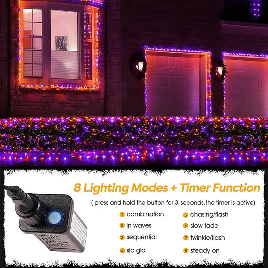 BlcTec Halloween Lights Outdoor 200 LED 8.2ft x 4.9ft Orange Purple Net Lights with 8 Modes, Timer, UL Certified, Connectable, Memory, Waterproof for Lawn, Trees, Bushes Outdoor Halloween Decorations