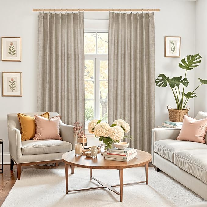 YoungsTex Oatmeal Linen Semi Sheer Curtains 84 Inch Length for Living Room 2 Panels, Light Filtering Drapes with Back Tab Natural Window Treatments for Bedroom, 40 X 84 Inch