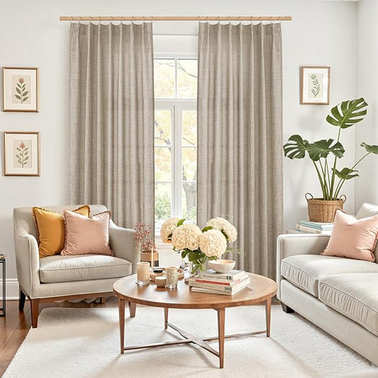 YoungsTex 90 Inch Length Linen Curtains for Living Room 2 Panels, Oatmeal Light Filtering Drapes with Pinch Pleated for Bedroom Office Country Semi Sheer Rustic Back Tab, 40 X 90 Inch