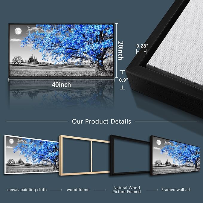 Wapluam Black and White Wall Art For Living Room Large Wall Decoration For Bedroom Blue Tree Landscape Abstract Painting Office Wall Decor Picture Canvas Prints Modern Home Wall Decor Black Framed