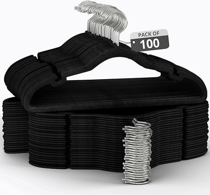 100 Pack Velvet Hanger for Shirt Pants Dresses Skirts Suits Jackets - Slim Space Saving Design - Standard Coat Hanger - Sturdy & Durable Design with Shoulder Grooves Hook - Black