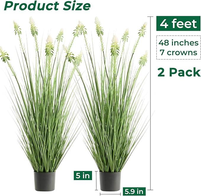 4ft 2-Pack Horsetail Reed Grass with White Cockscomb Flower, 48in Tall Indoor Outdoor Green Onions Fake Plants in Pot, Home Office Decorative Artificial Plant & Greenery, Wedding Décor