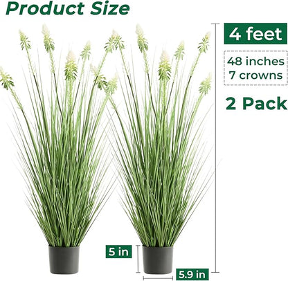 4ft 2-Pack Horsetail Reed Grass with White Cockscomb Flower, 48in Tall Indoor Outdoor Green Onions Fake Plants in Pot, Home Office Decorative Artificial Plant & Greenery, Wedding Décor