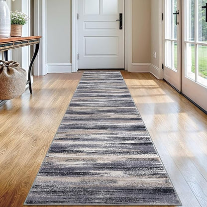 Modern Abstract Runner Rug 2x12, Grey Black Multi Washable Long Kitchen Runner Non-Slip Soft Hallway Rug Runner Thin Print Faux Wool Carpet for Entryway Bedroom Laundry Room Indoor Home Decor