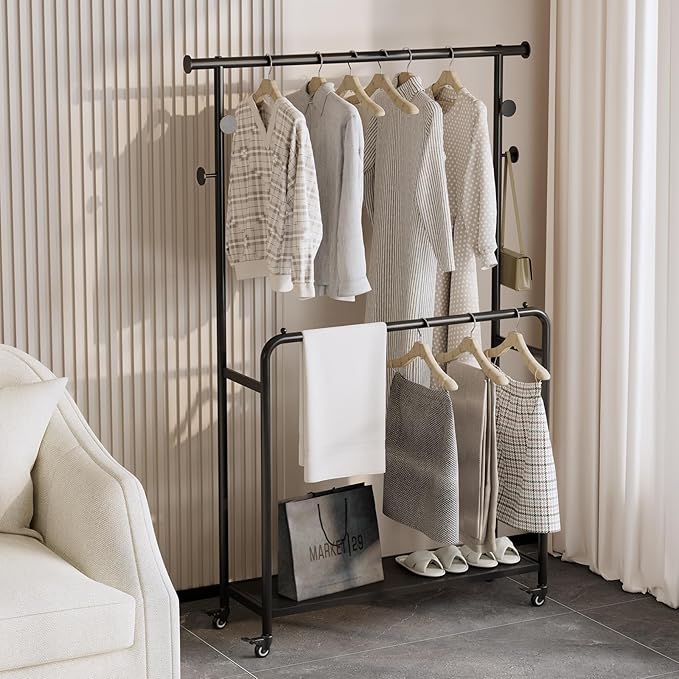 Sturdy Metal Double Rods Clothes Rack With Wheels, Rolling Clothing Rack With Shelves & Hooks, Heavy Duty Garment Racks for Hanging Clothes, Multi-Functional Closet Rack for Bedroom
