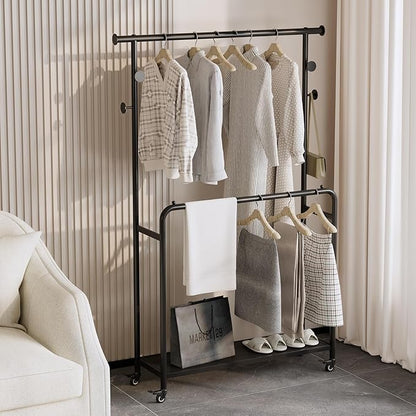 Sturdy Metal Double Rods Clothes Rack With Wheels, Rolling Clothing Rack With Shelves & Hooks, Heavy Duty Garment Racks for Hanging Clothes, Multi-Functional Closet Rack for Bedroom