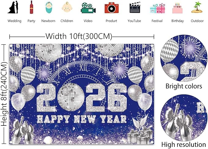Happy New Year 2026 Black Gold Backdrop 2026 New Year Eve Countdown Photo Background Cheer to 2026 Party Decoration Banner Photo Supplies (Blue, 120x96inch (10x8FT))